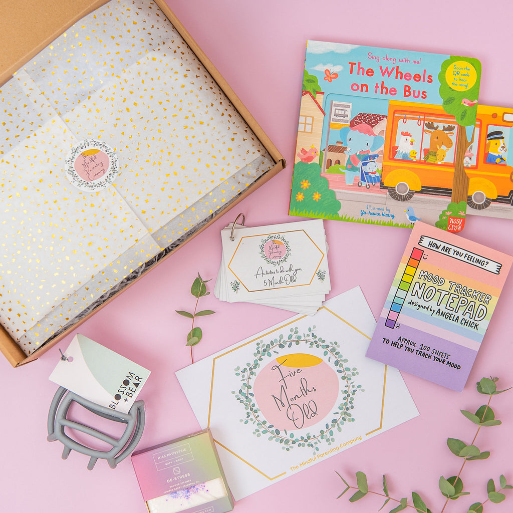 One-off baby and parenting subscription box with baby book, baby play cards and educational toy and self care gift for mum